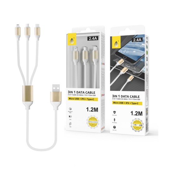 CABO DE CARREGAMENTO ONEPLUS 3 EM 1 B5099 PARA MICROUSB/IPHONE/TIPO C 2A 1,2 M BRANCO DOURADO